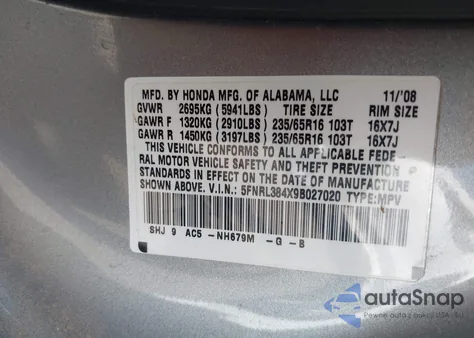 2009 Honda Odyssey Ex из США, поврежденный, VIN 5FNRL384X9B027020